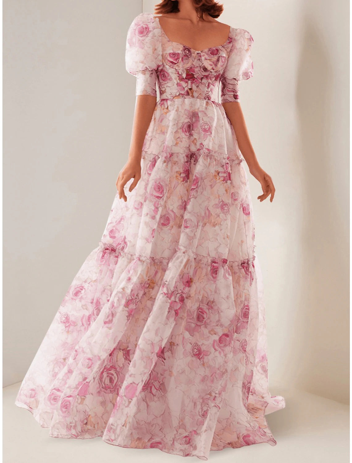 Luolandi A-Line Evening Gown Corsets Dress Wedding Reception Floor Length Short Sleeve Scoop Neck Royal Style Organza with Floral